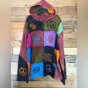 Boho Hippie Hooded Full Zip Lightweight Jacket By KPC Women’s XXXL PEACE SIGNS